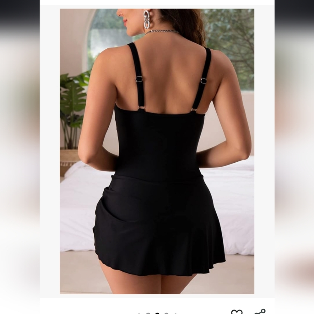 Eomenie Black Women's Swim Dress One Piece Ruched Swimwear Large - Picture 3 of 12